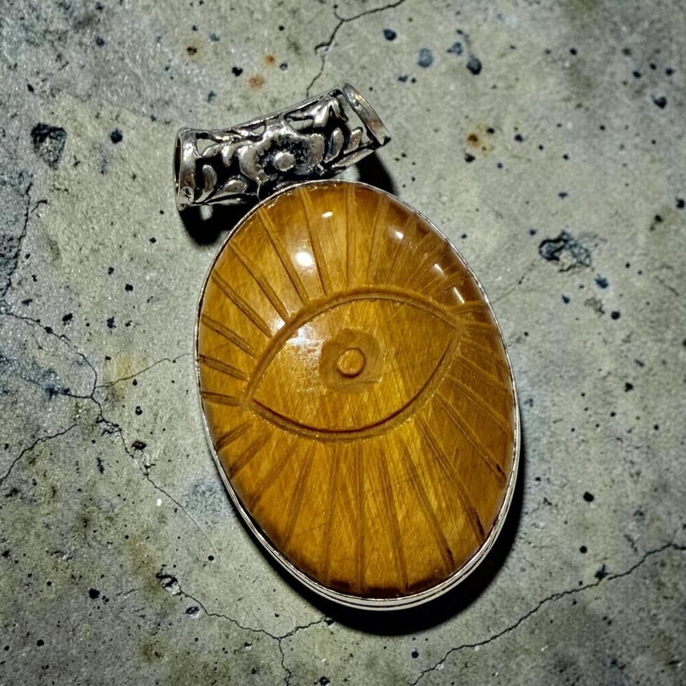 Tiger Eye Evil Eye Pendant Sterling Silver Plated Carved Stone